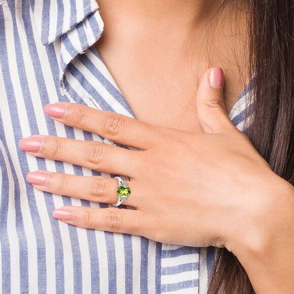 Kazi Luxury 14k White Gold Oval Peridot and Diamond Ring